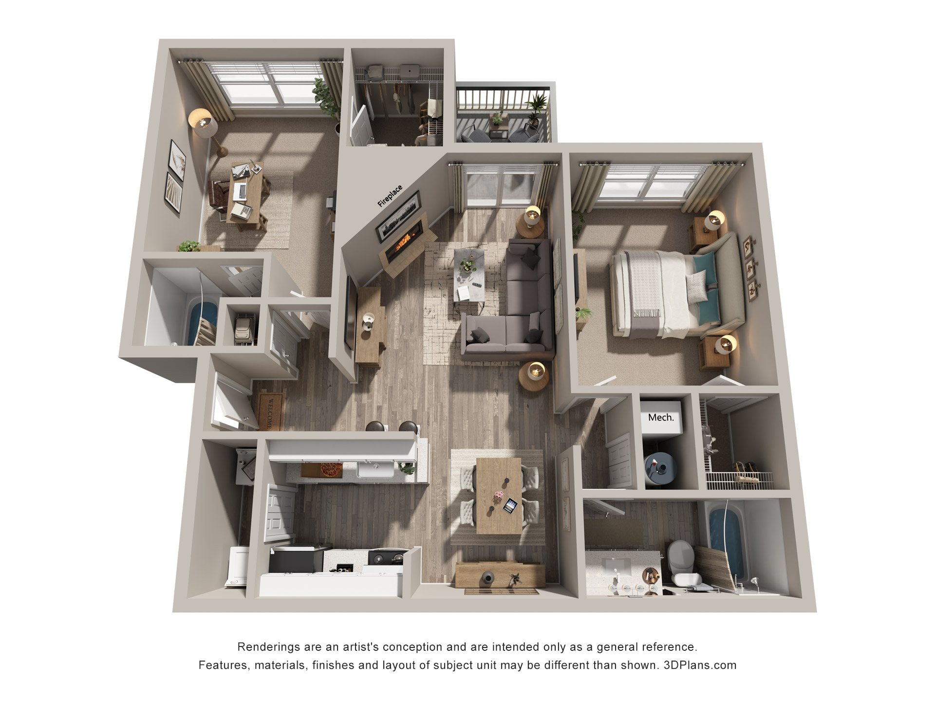 Floor plan for 2 beds, 2 baths, 896 sqft